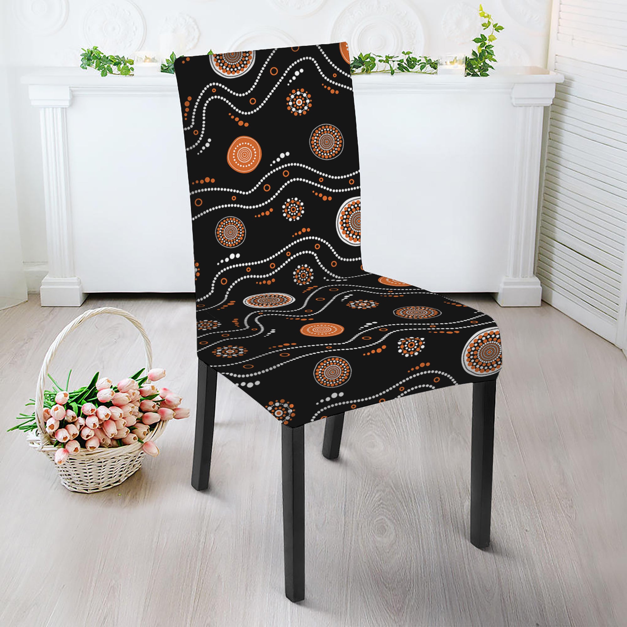 White And Orange Aboriginal Art Print Dining Chair Slipcover