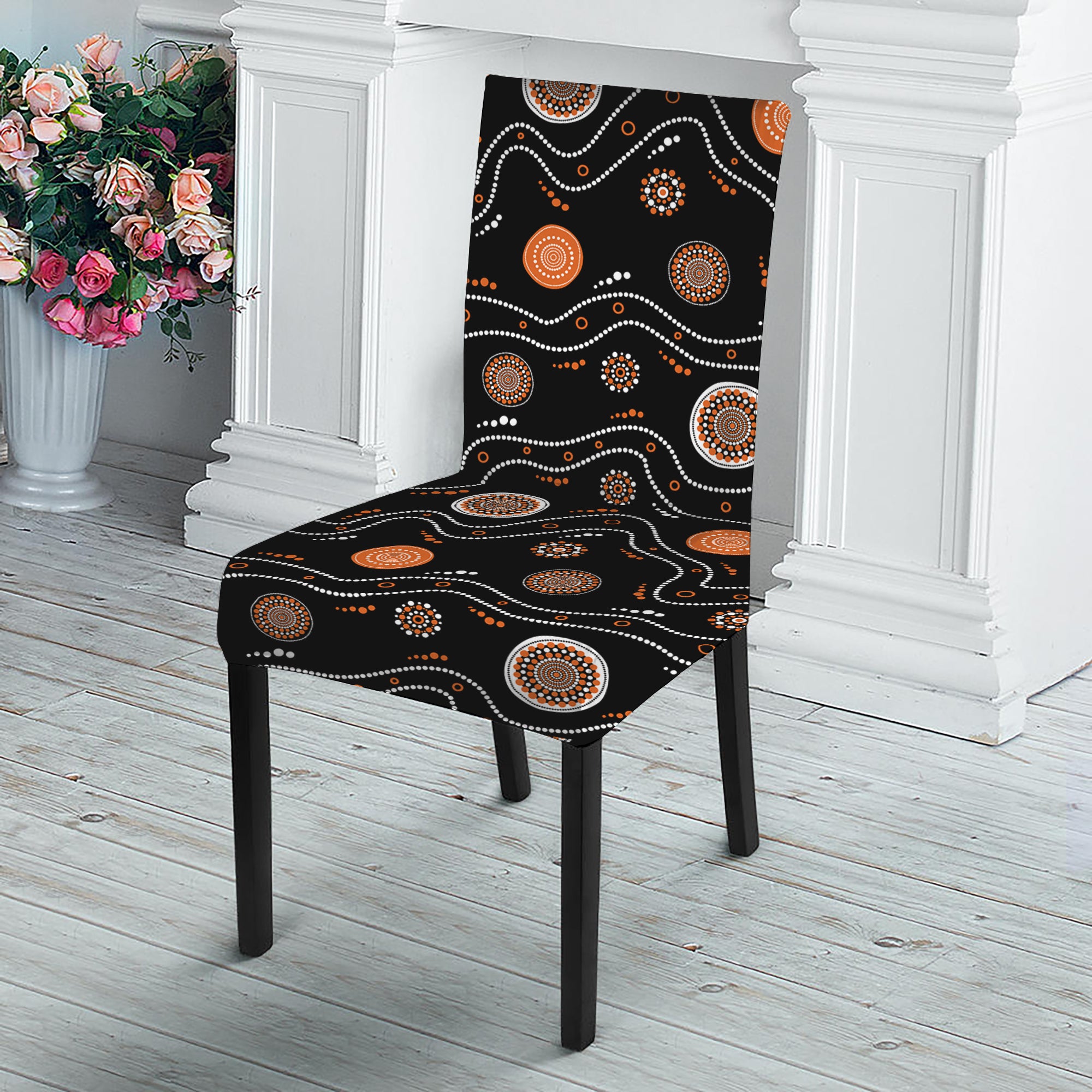 White And Orange Aboriginal Art Print Dining Chair Slipcover