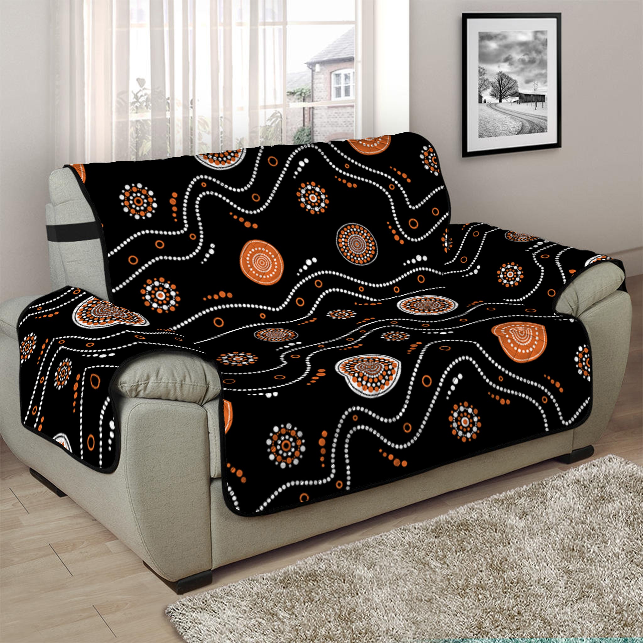 White And Orange Aboriginal Art Print Half Sofa Protector