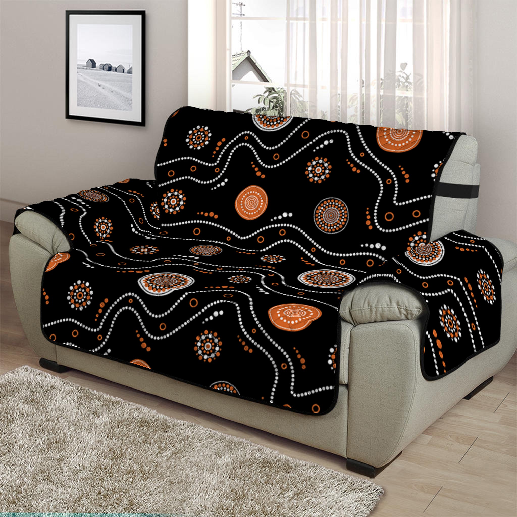 White And Orange Aboriginal Art Print Half Sofa Protector