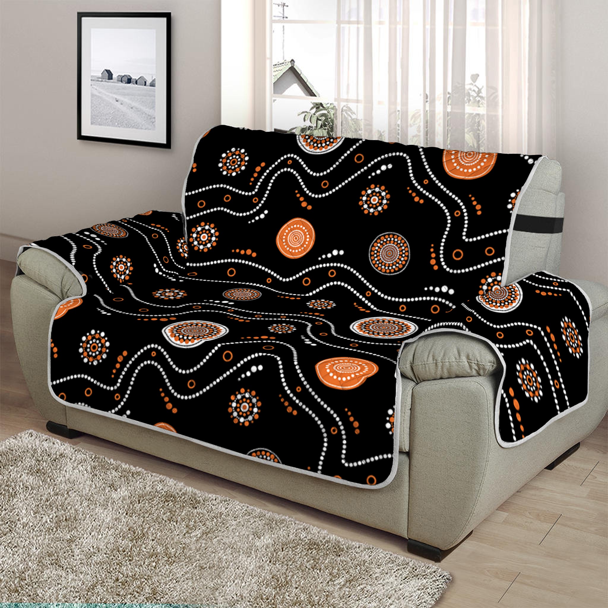 White And Orange Aboriginal Art Print Half Sofa Protector