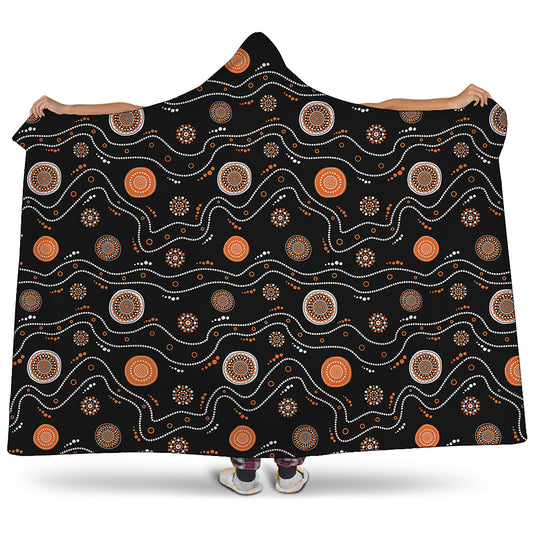 White And Orange Aboriginal Art Print Hooded Blanket