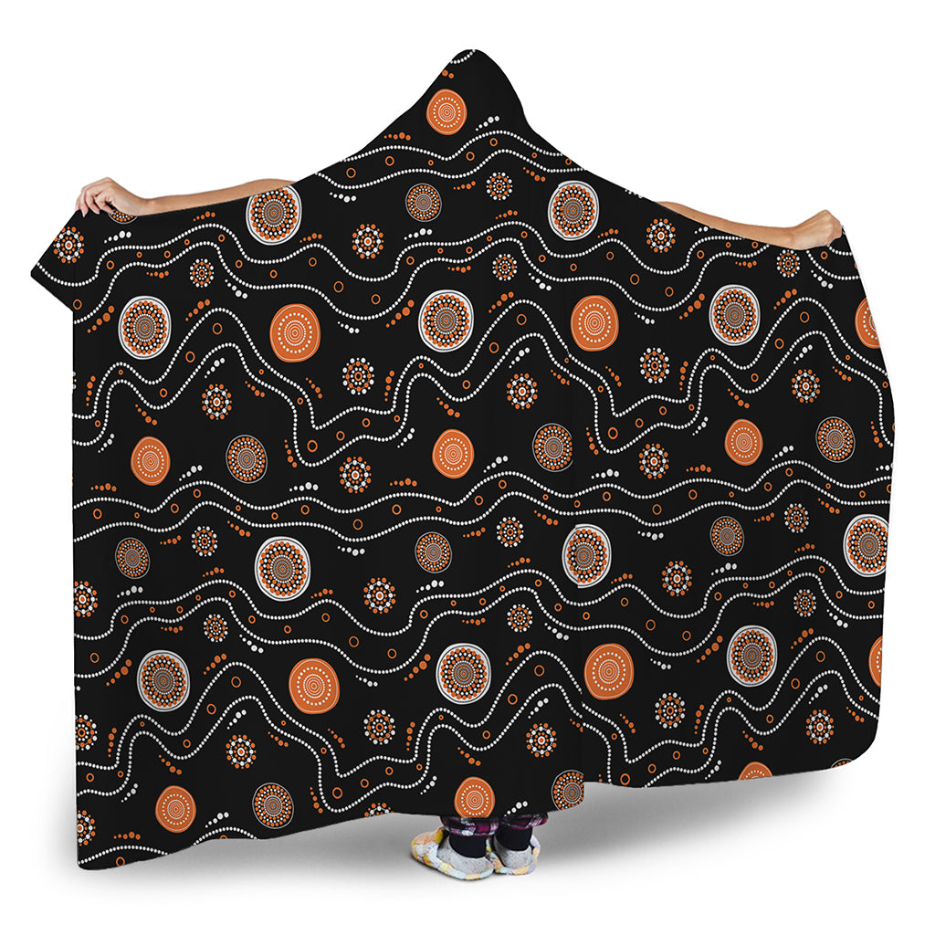 White And Orange Aboriginal Art Print Hooded Blanket