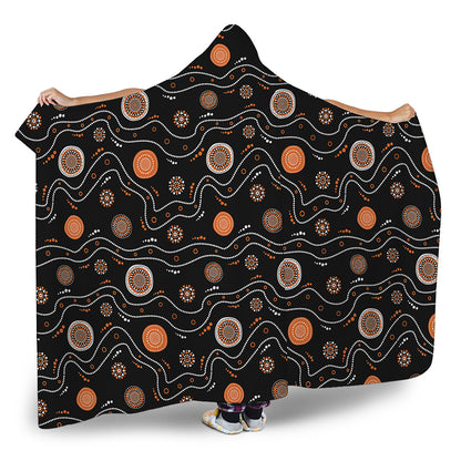 White And Orange Aboriginal Art Print Hooded Blanket