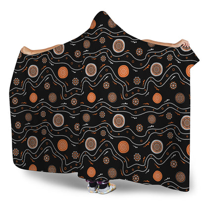 White And Orange Aboriginal Art Print Hooded Blanket