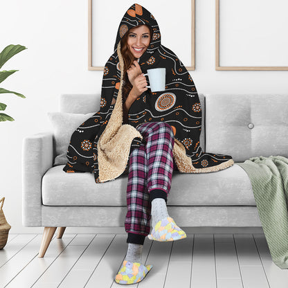 White And Orange Aboriginal Art Print Hooded Blanket
