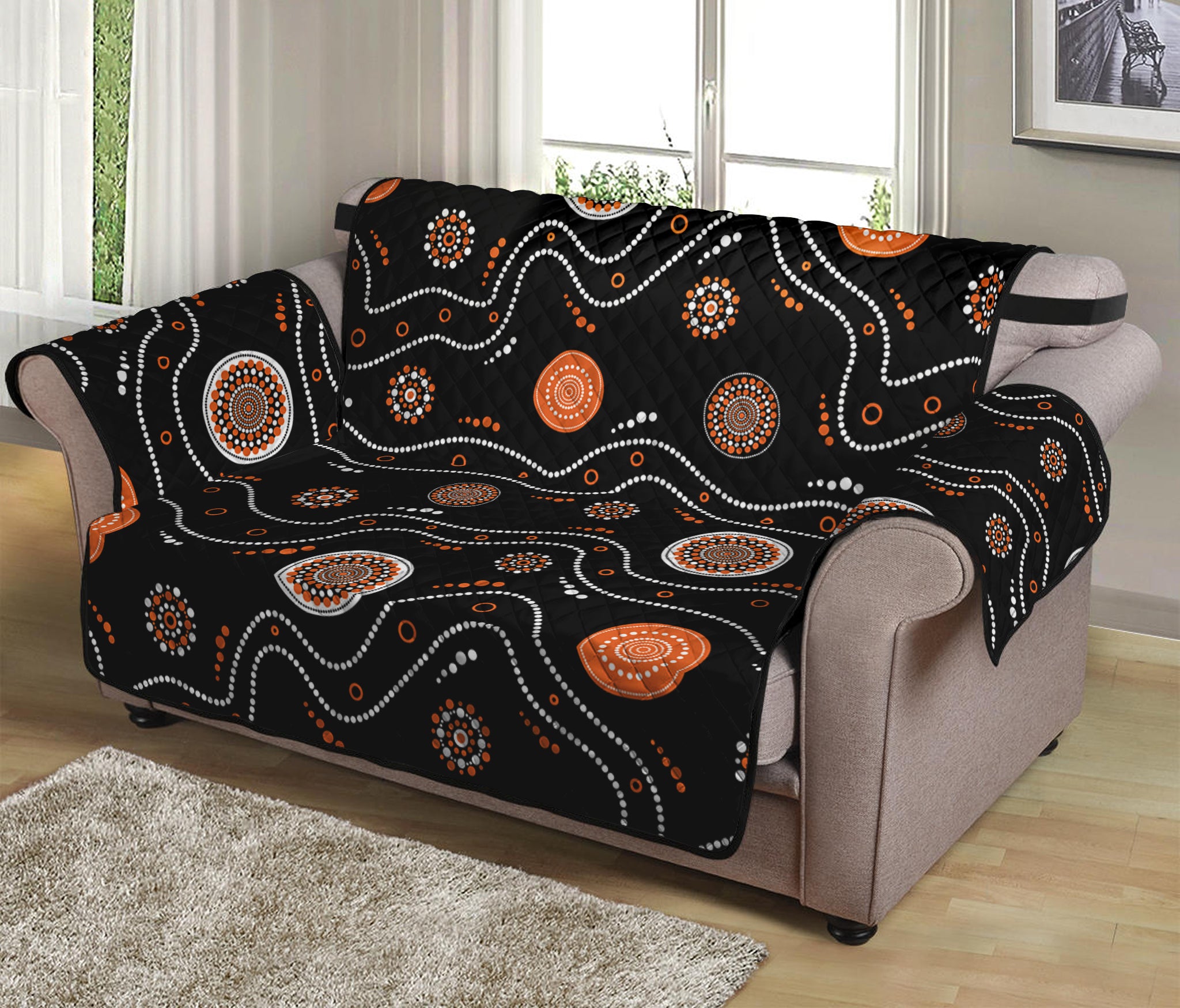 White And Orange Aboriginal Art Print Loveseat Protector