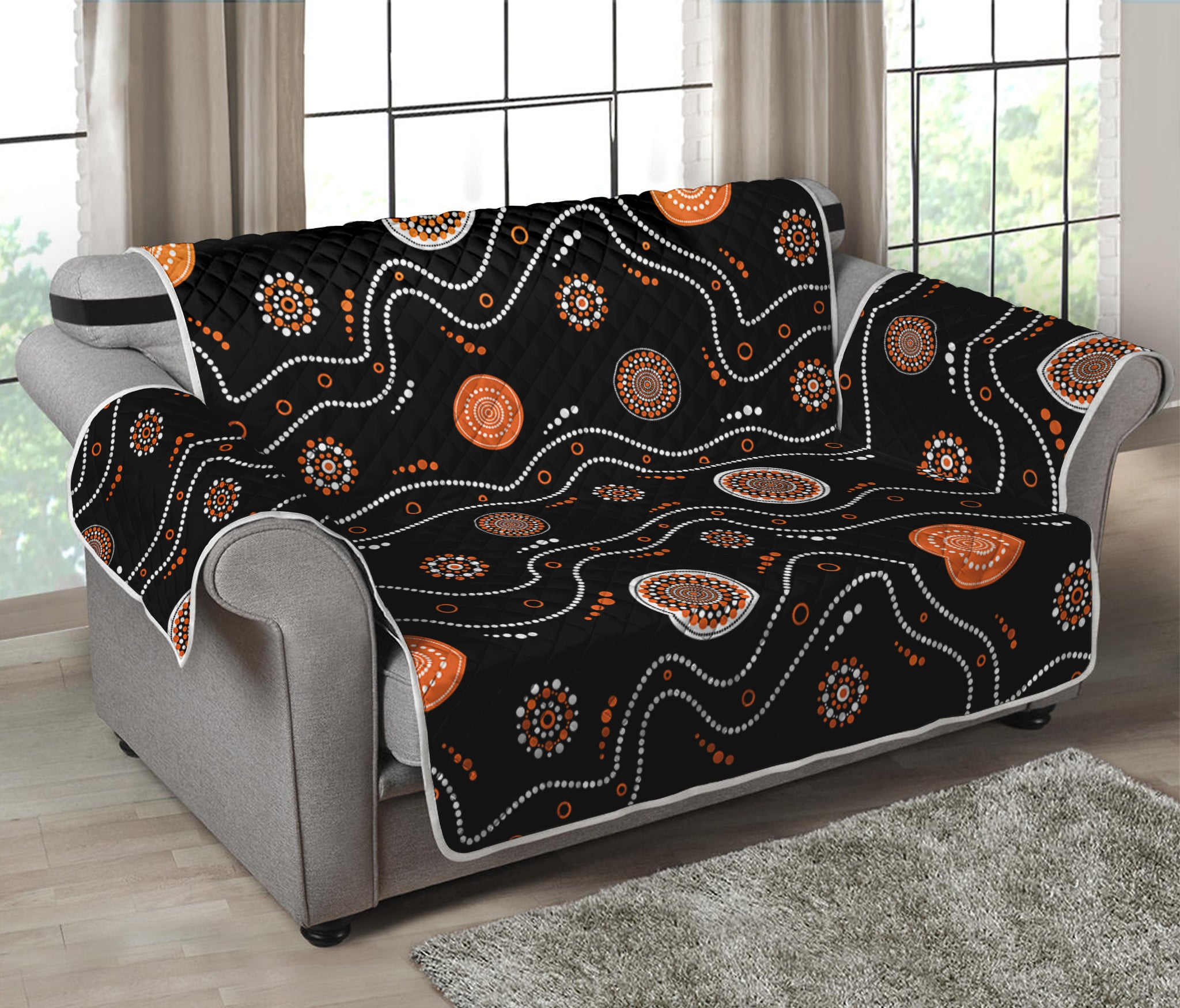 White And Orange Aboriginal Art Print Loveseat Protector