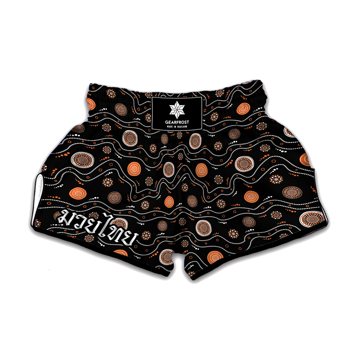 White And Orange Aboriginal Art Print Muay Thai Boxing Shorts