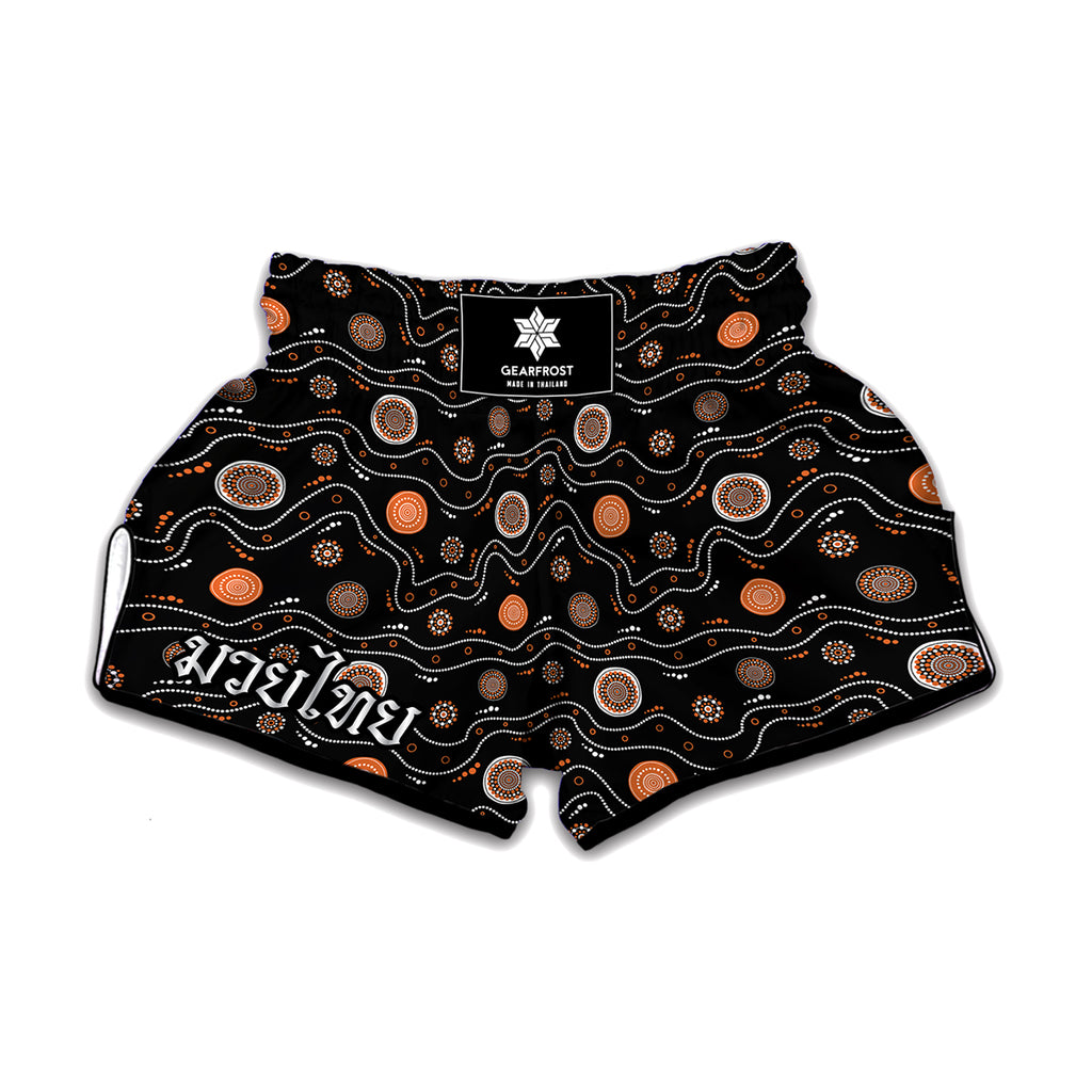 White And Orange Aboriginal Art Print Muay Thai Boxing Shorts