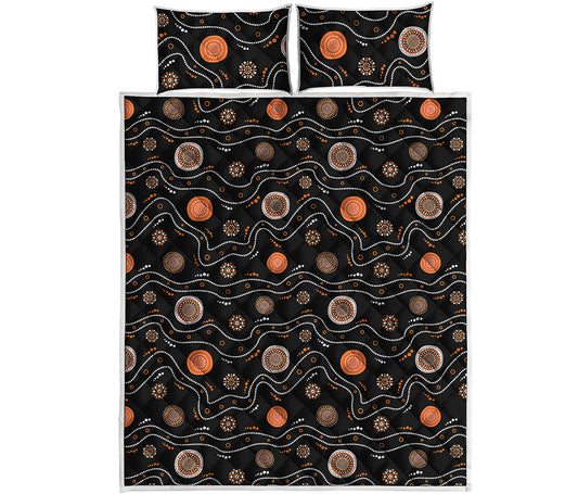 White And Orange Aboriginal Art Print Quilt Bed Set