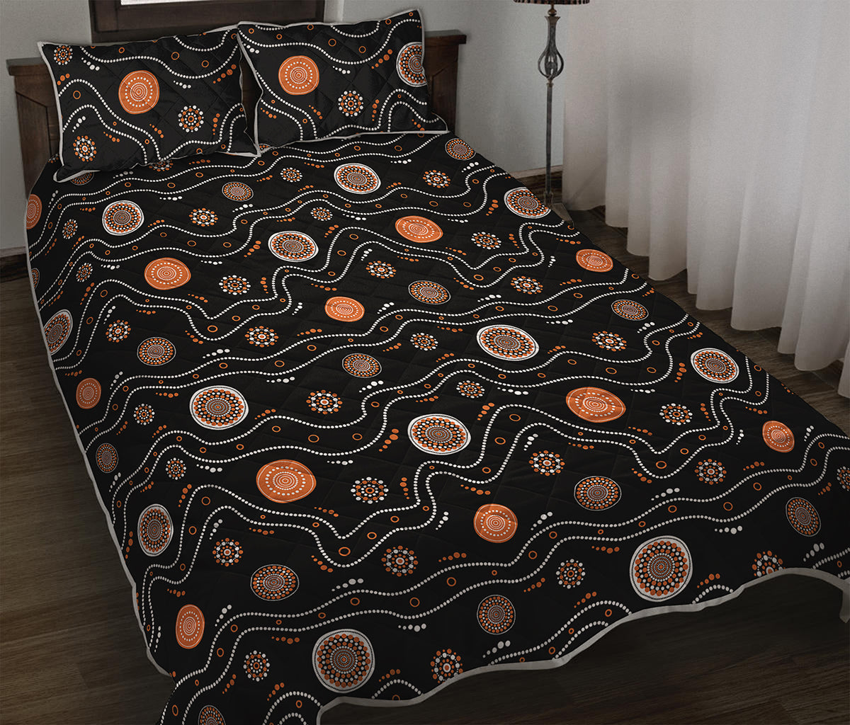 White And Orange Aboriginal Art Print Quilt Bed Set