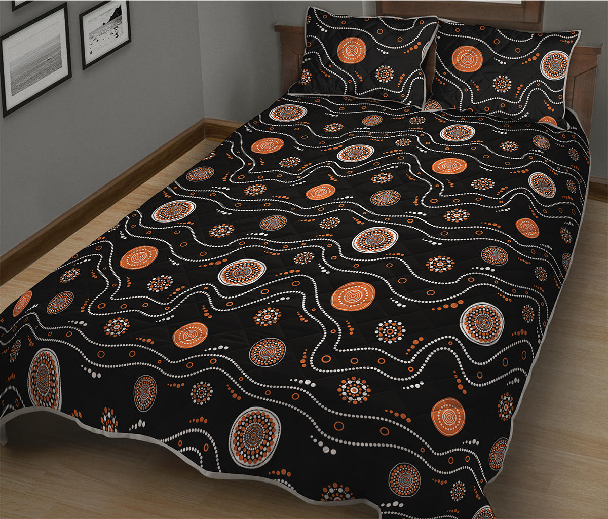 White And Orange Aboriginal Art Print Quilt Bed Set