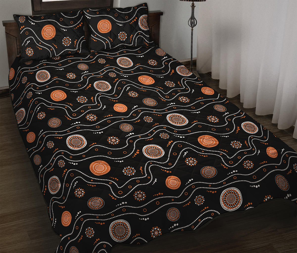 White And Orange Aboriginal Art Print Quilt Bed Set