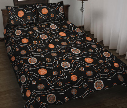 White And Orange Aboriginal Art Print Quilt Bed Set