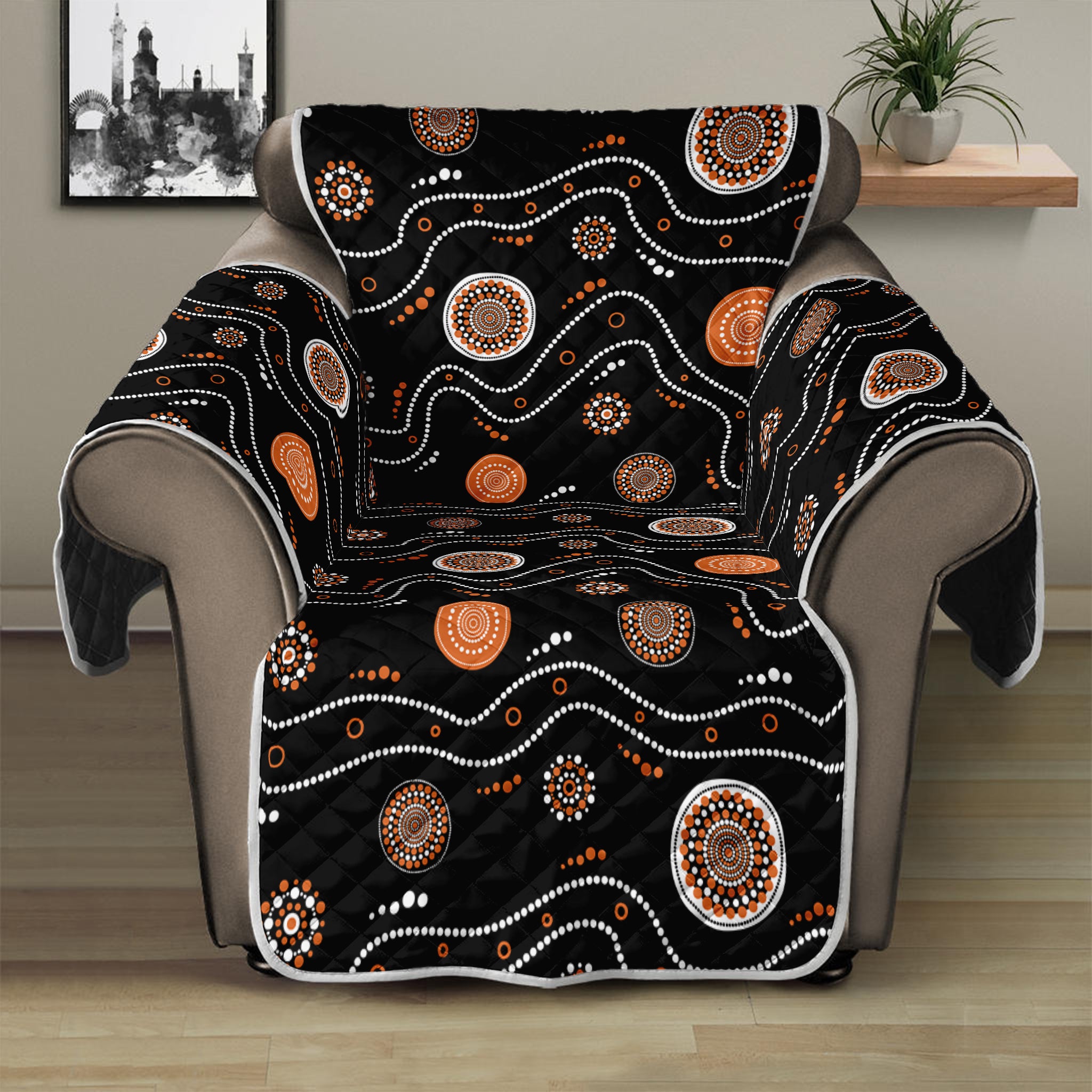 White And Orange Aboriginal Art Print Recliner Protector