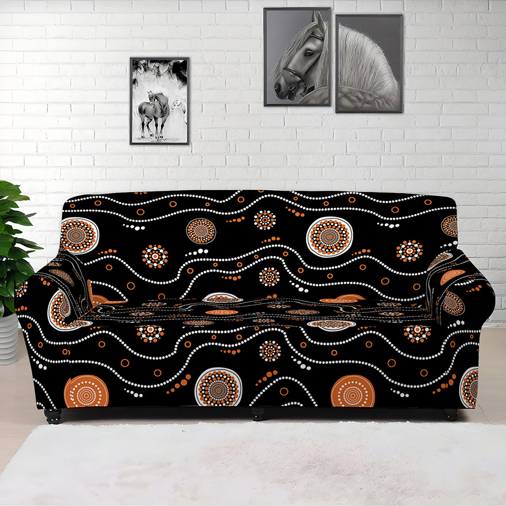 White And Orange Aboriginal Art Print Sofa Cover