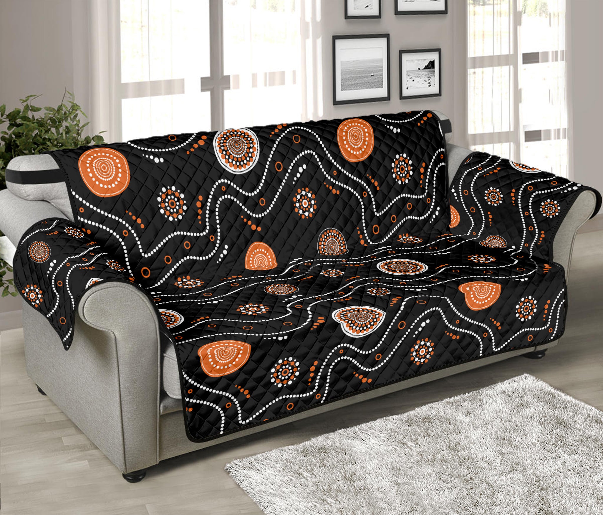 White And Orange Aboriginal Art Print Sofa Protector