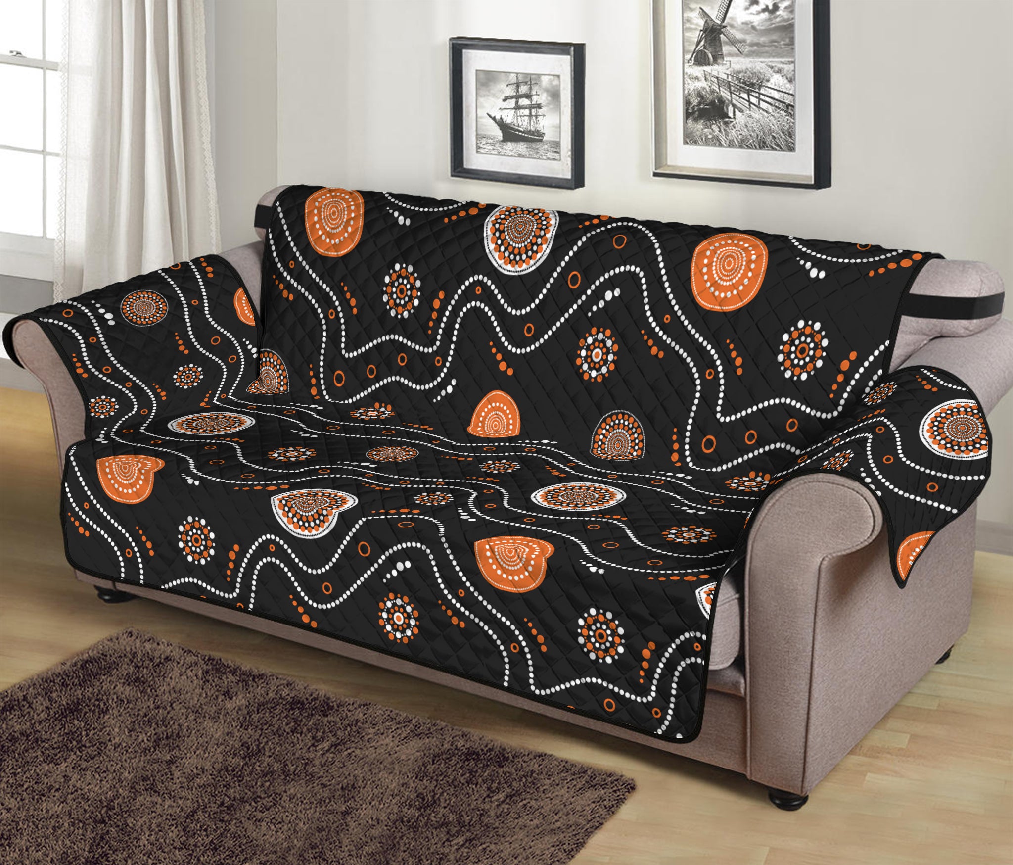 White And Orange Aboriginal Art Print Sofa Protector