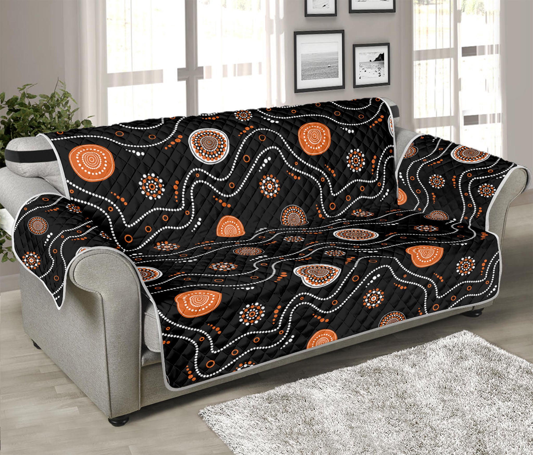 White And Orange Aboriginal Art Print Sofa Protector