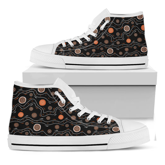 White And Orange Aboriginal Art Print White High Top Shoes
