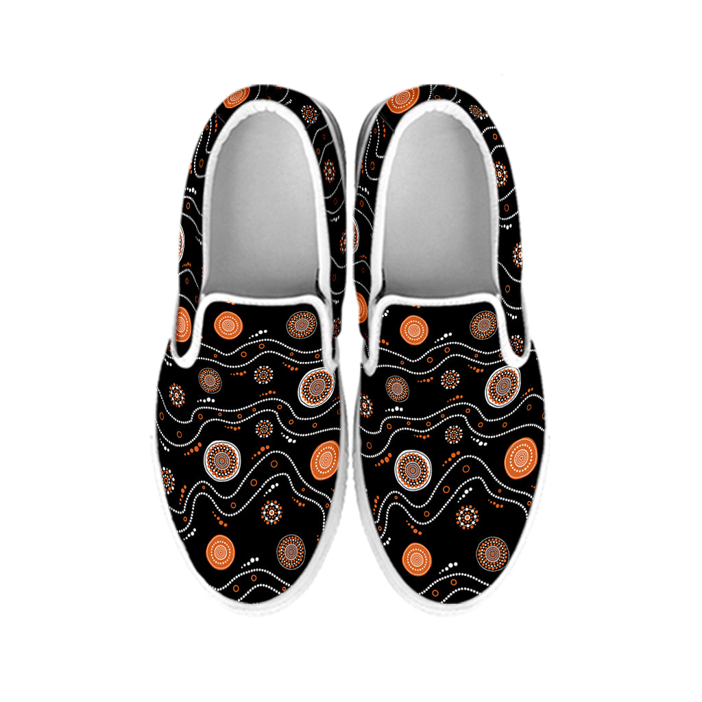 White And Orange Aboriginal Art Print White Slip On Shoes