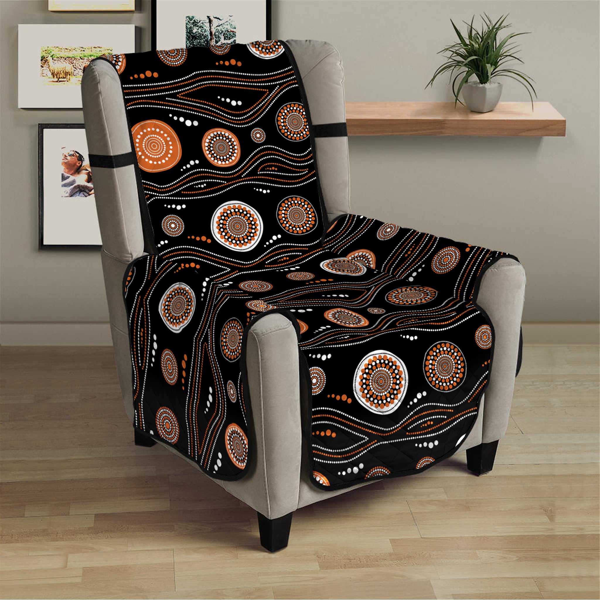 White And Orange Aboriginal Dot Print Armchair Protector