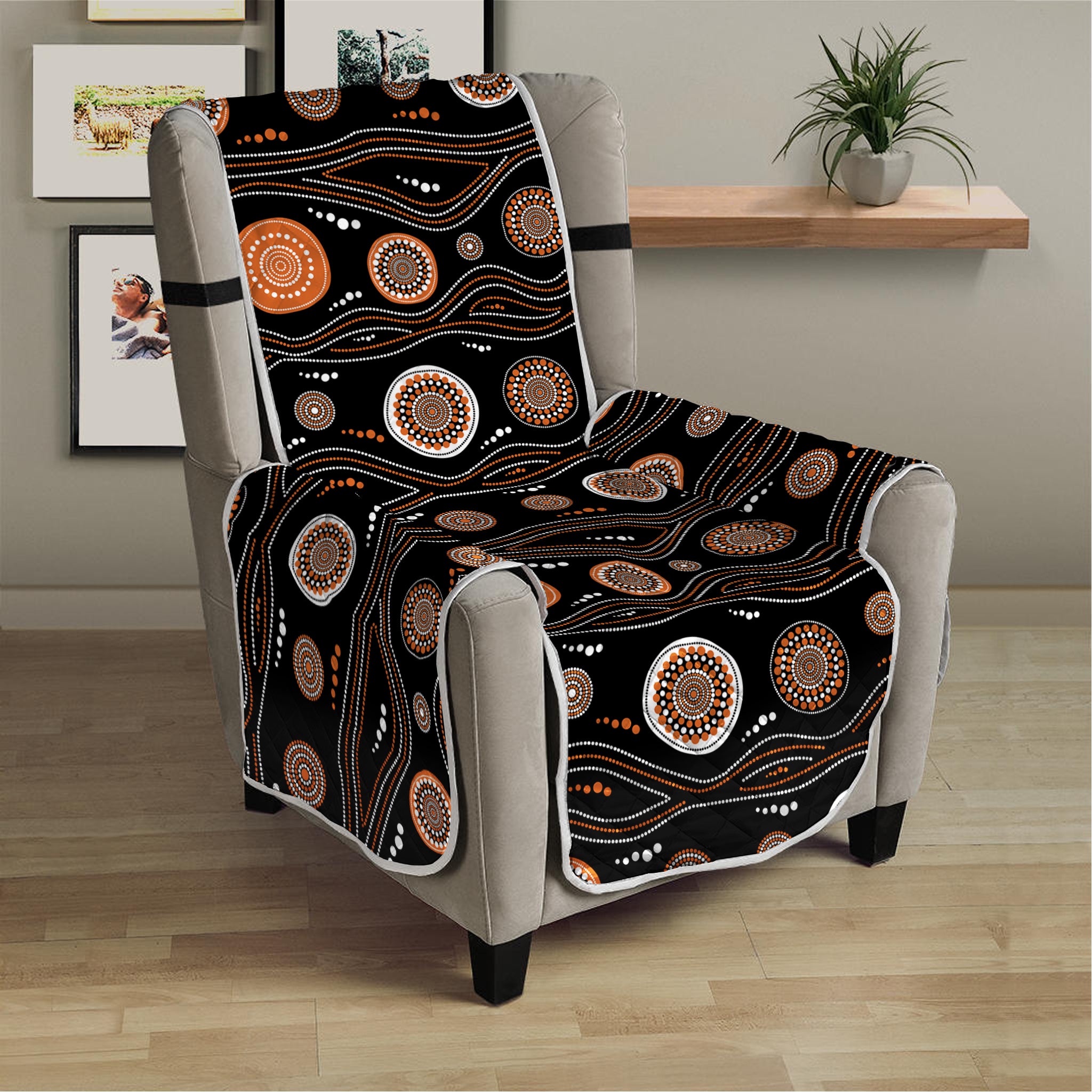 White And Orange Aboriginal Dot Print Armchair Protector