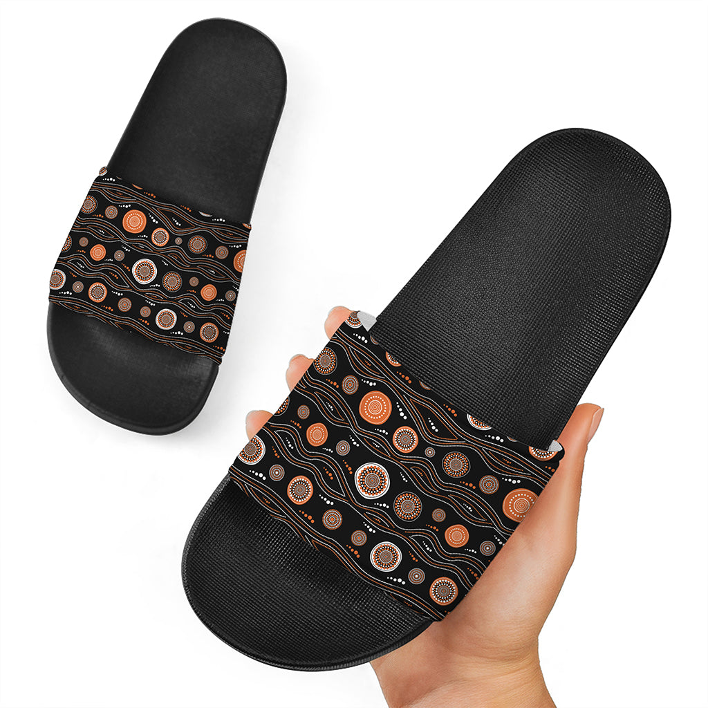 White And Orange Aboriginal Dot Print Black Slide Sandals