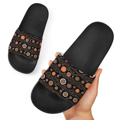 White And Orange Aboriginal Dot Print Black Slide Sandals