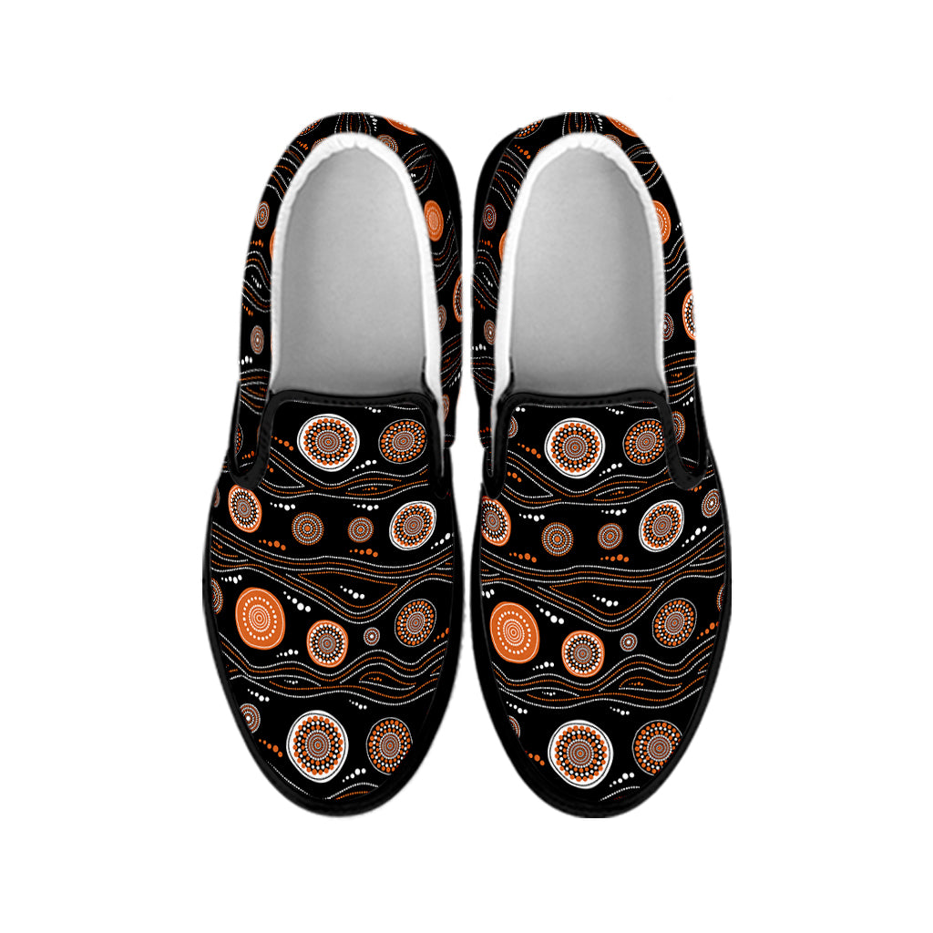 White And Orange Aboriginal Dot Print Black Slip On Shoes