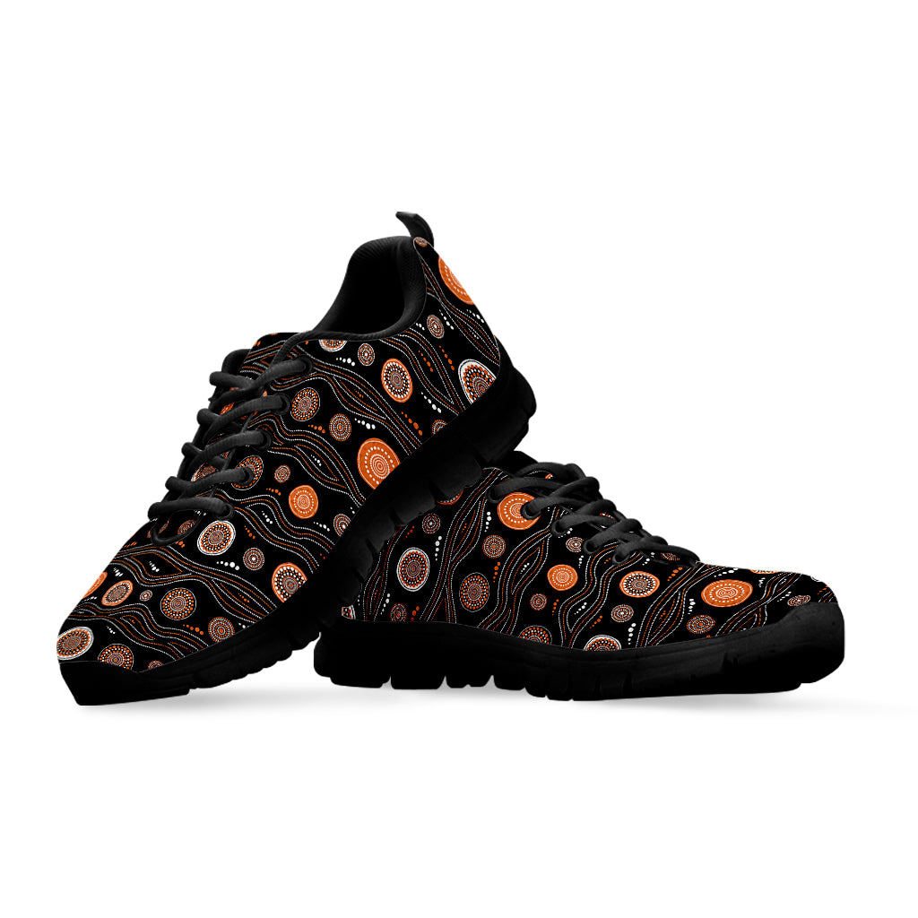 White And Orange Aboriginal Dot Print Black Sneakers