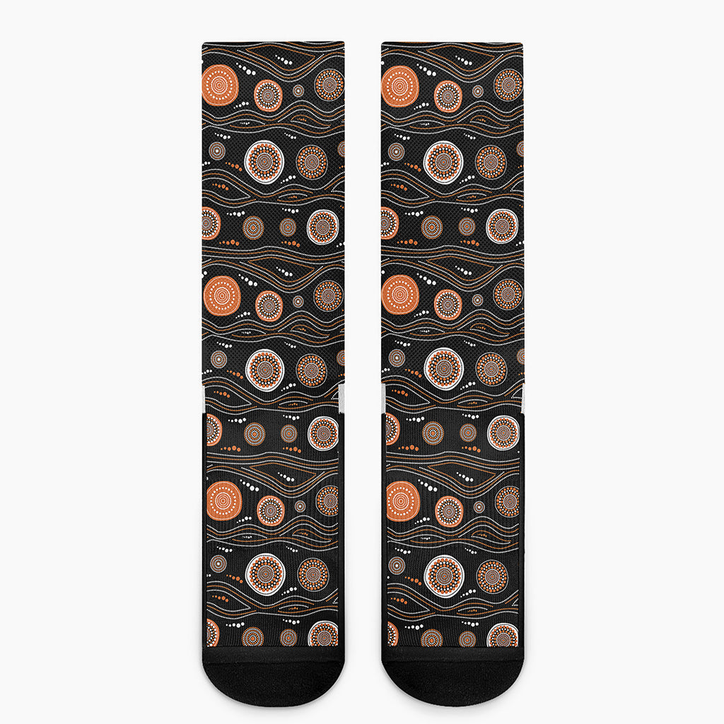 White And Orange Aboriginal Dot Print Crew Socks