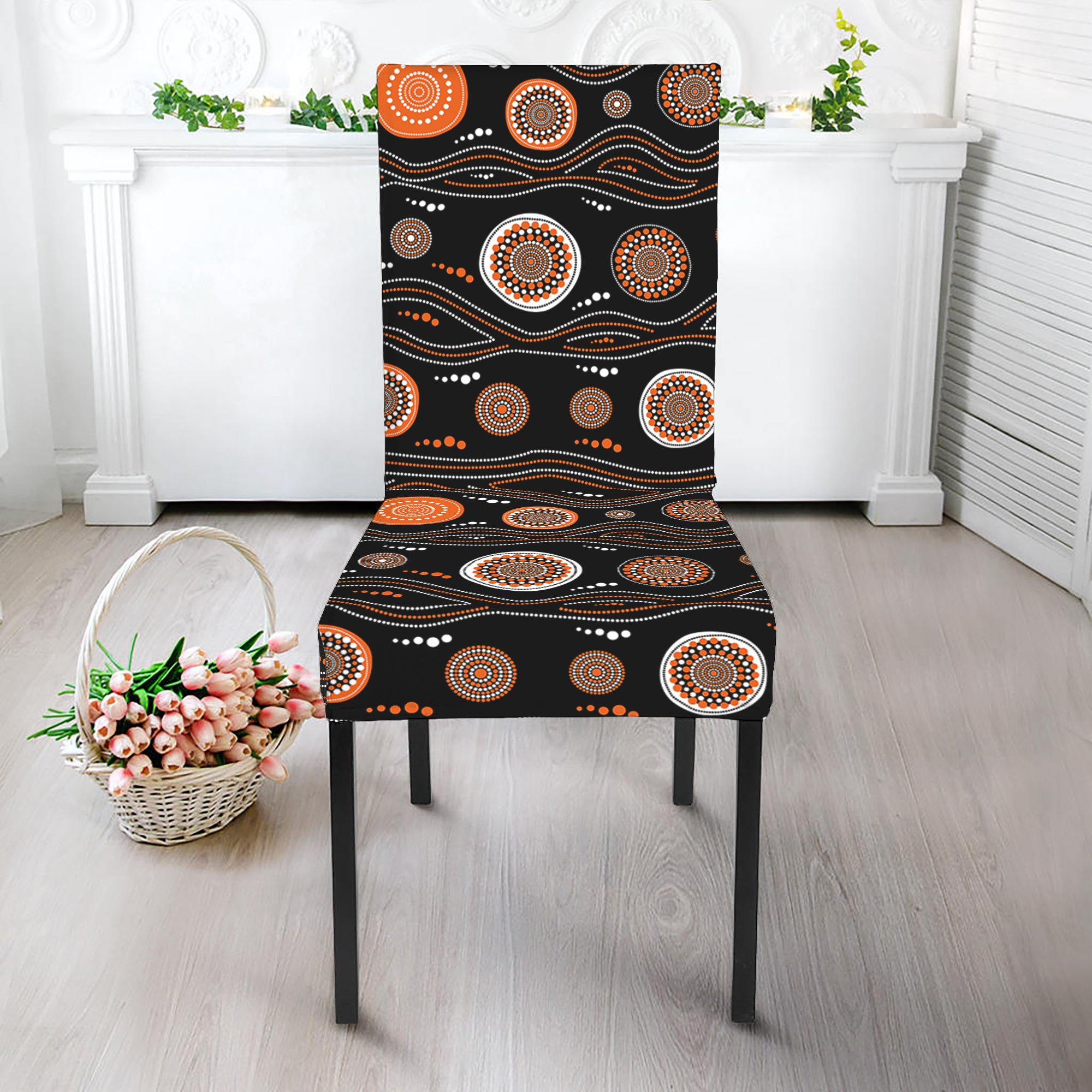 White And Orange Aboriginal Dot Print Dining Chair Slipcover