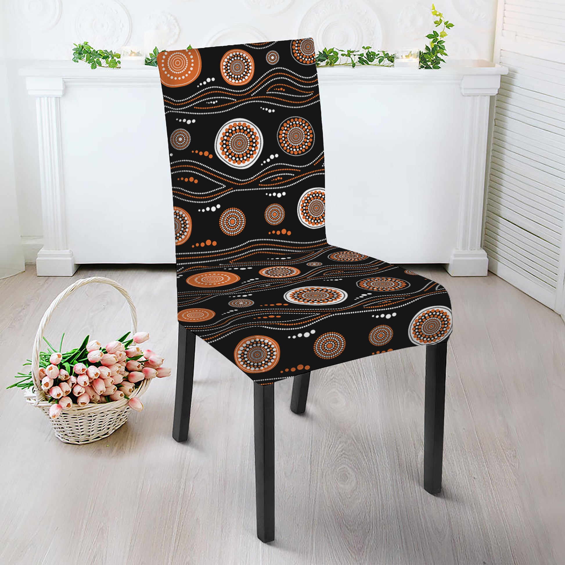 White And Orange Aboriginal Dot Print Dining Chair Slipcover