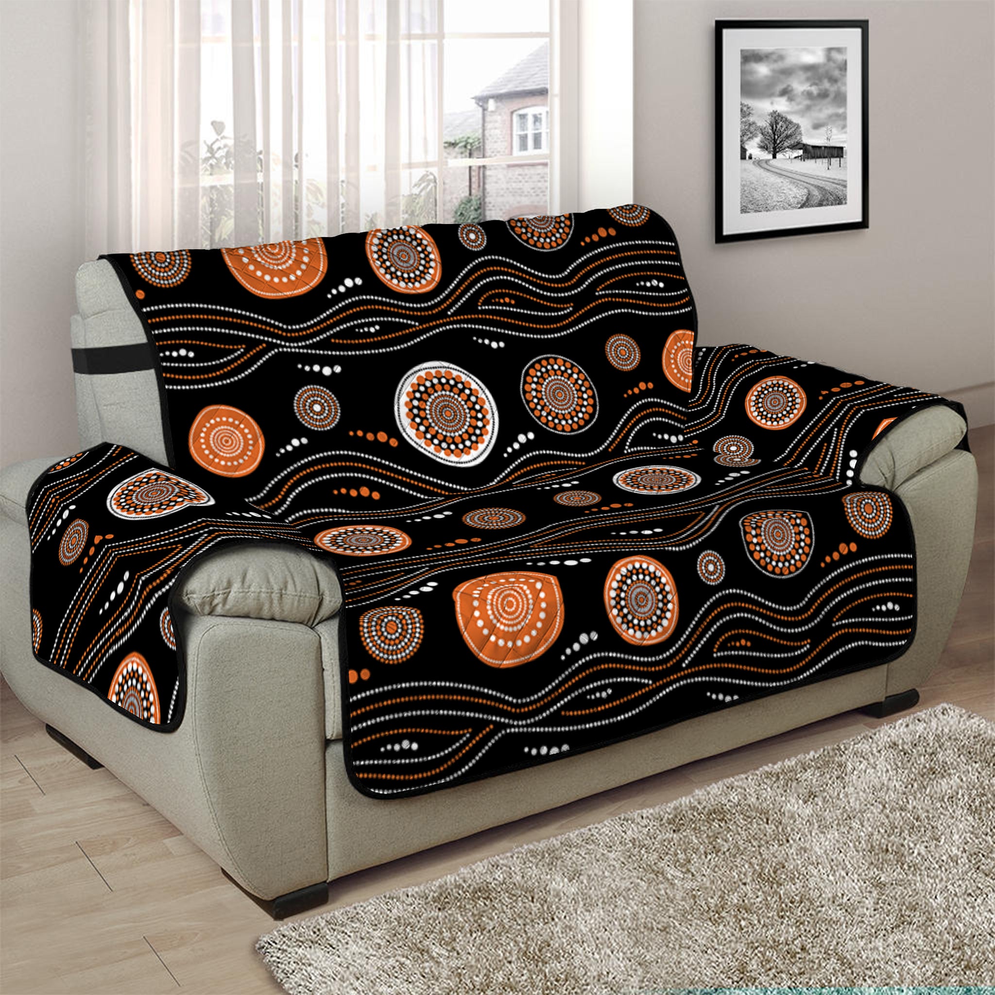 White And Orange Aboriginal Dot Print Half Sofa Protector