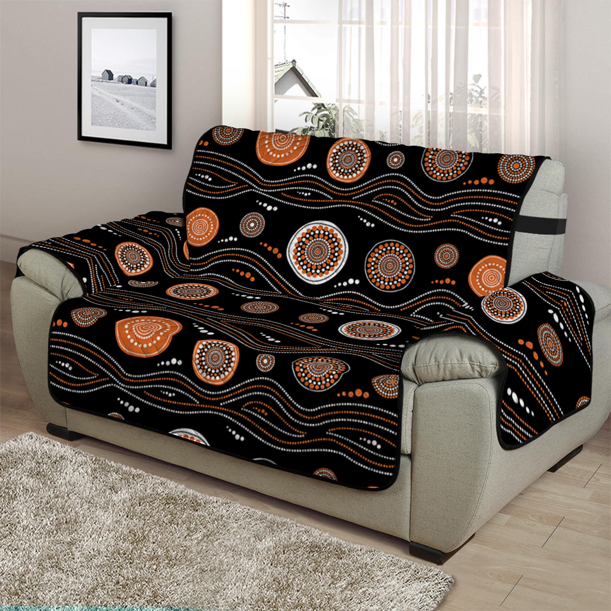 White And Orange Aboriginal Dot Print Half Sofa Protector