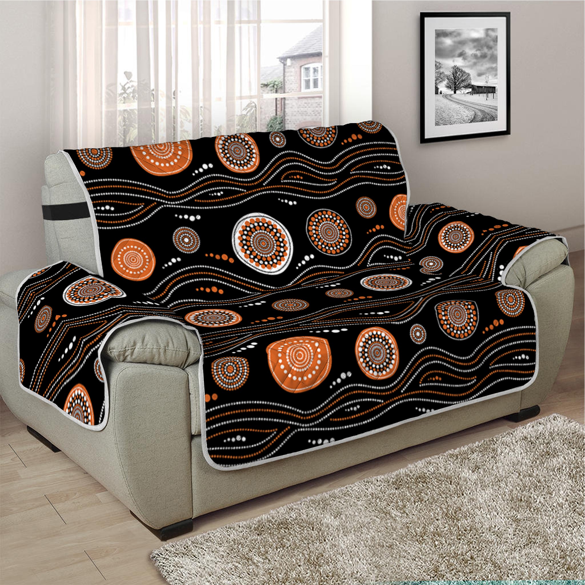 White And Orange Aboriginal Dot Print Half Sofa Protector