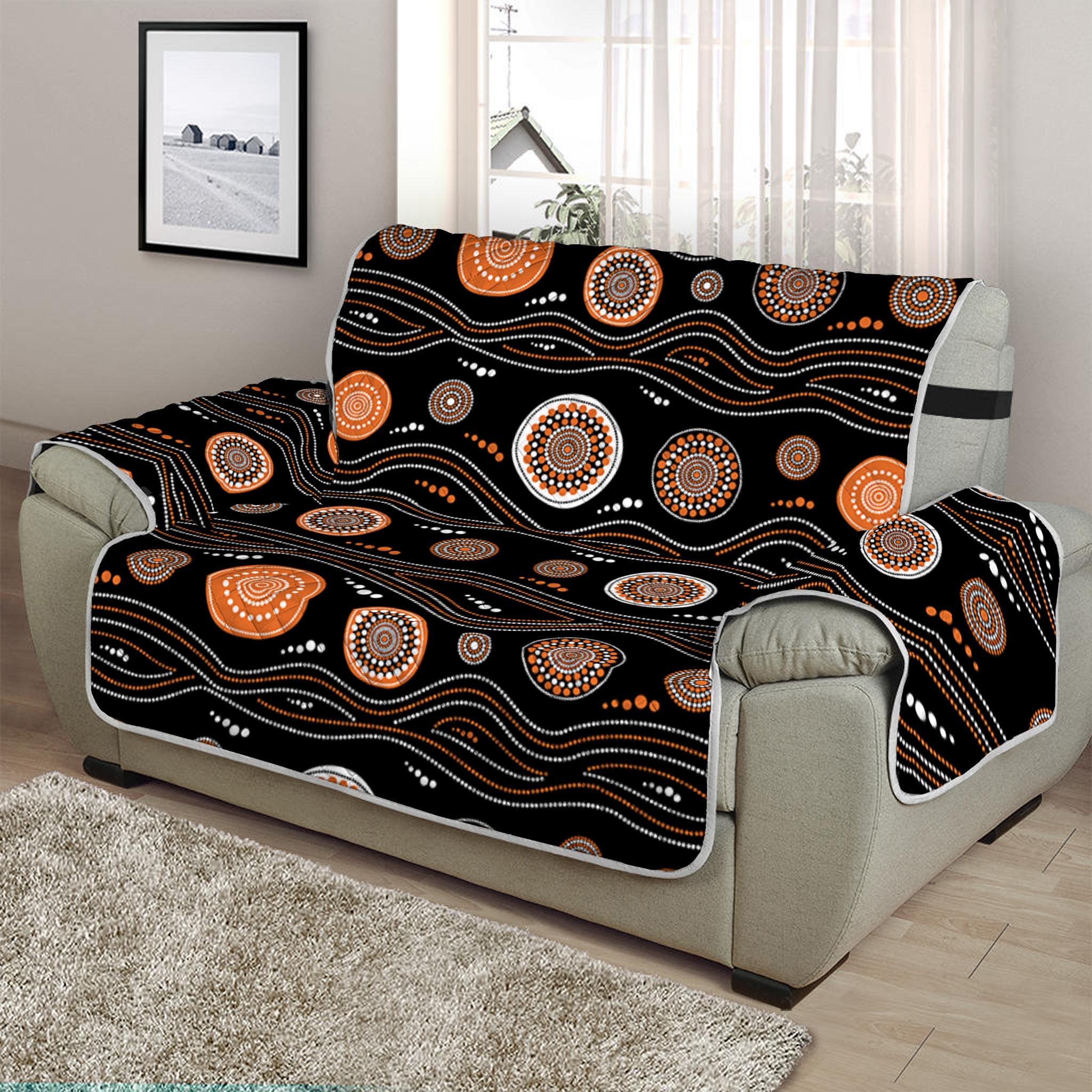 White And Orange Aboriginal Dot Print Half Sofa Protector