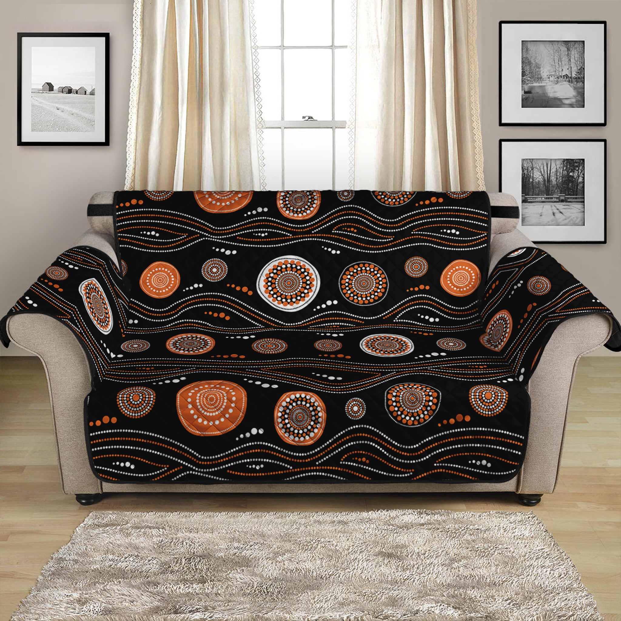 White And Orange Aboriginal Dot Print Loveseat Protector