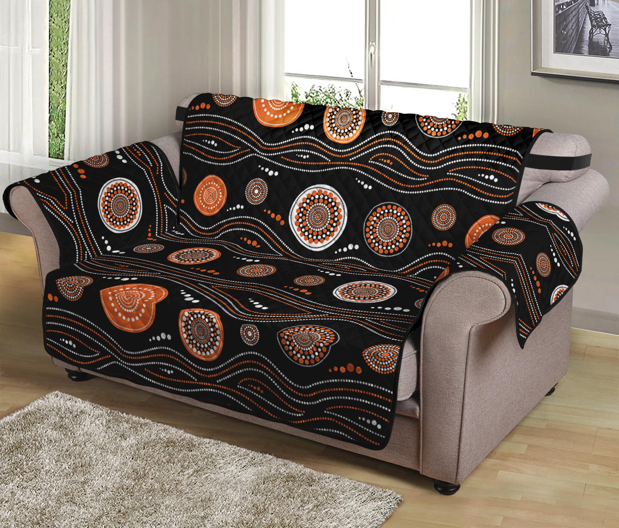 White And Orange Aboriginal Dot Print Loveseat Protector