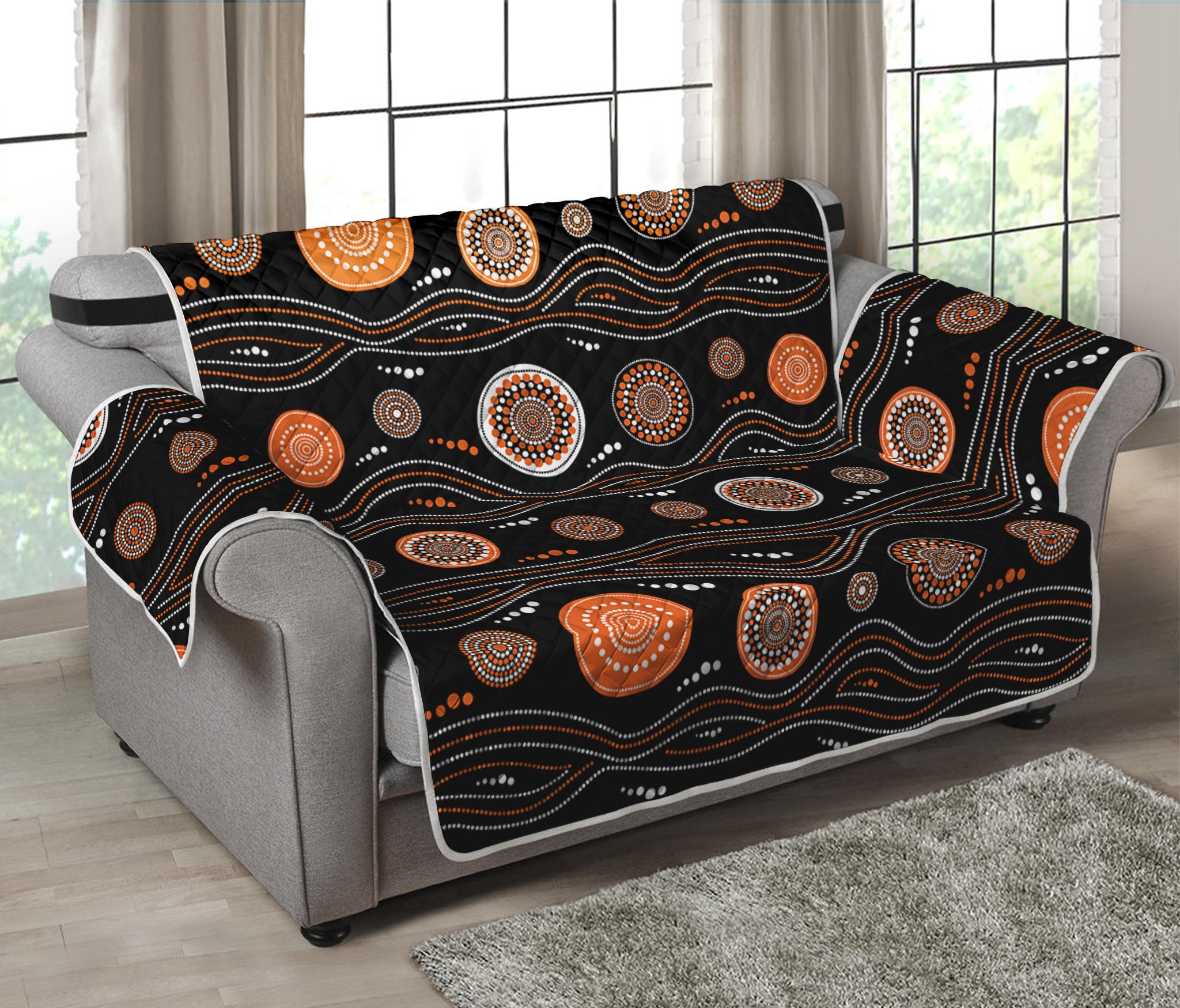 White And Orange Aboriginal Dot Print Loveseat Protector