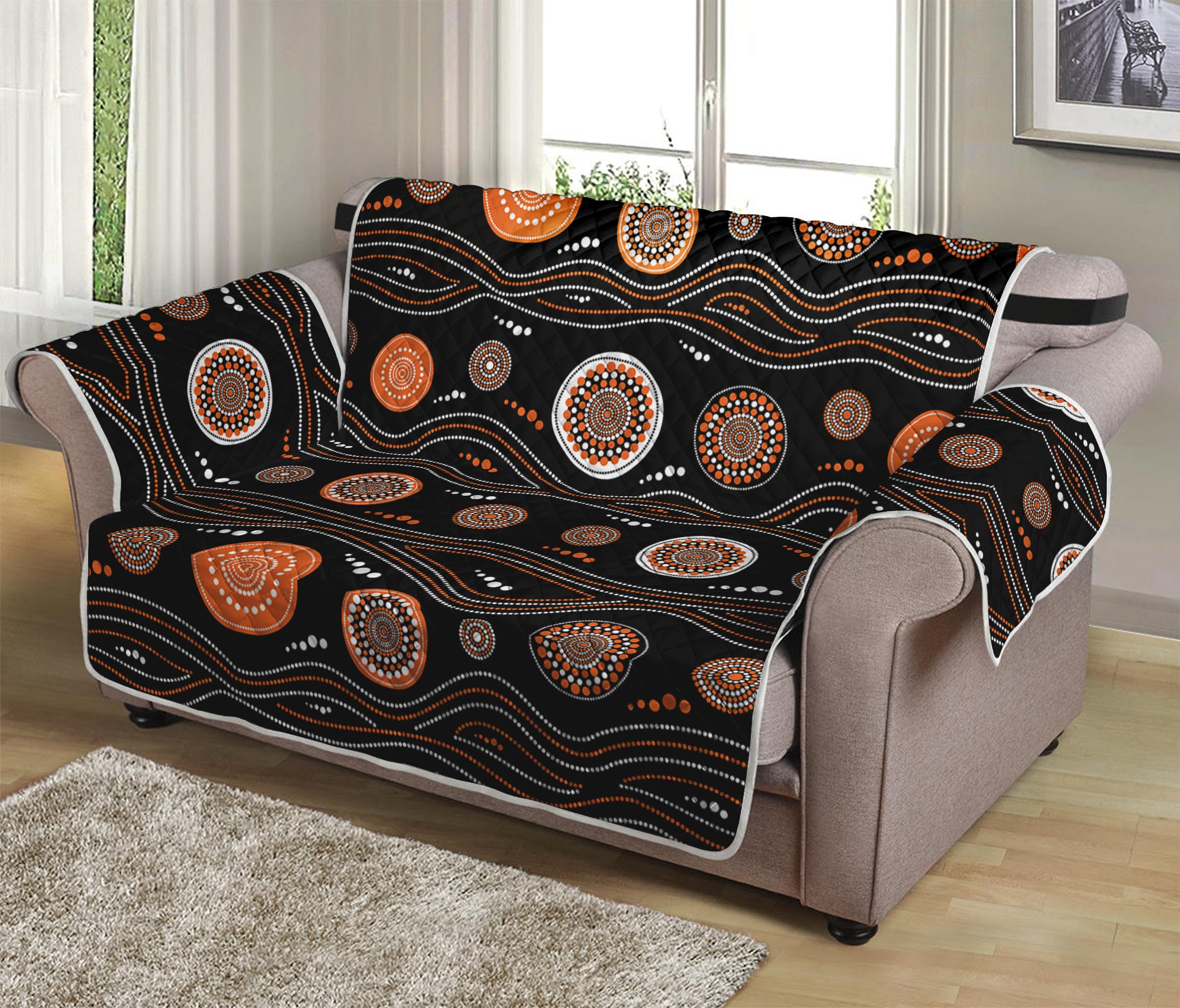 White And Orange Aboriginal Dot Print Loveseat Protector