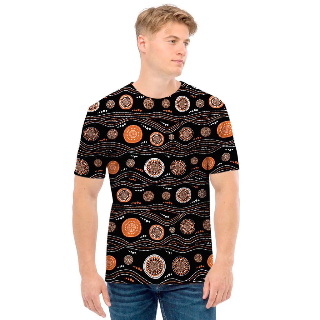 White And Orange Aboriginal Dot Print Men's T-Shirt