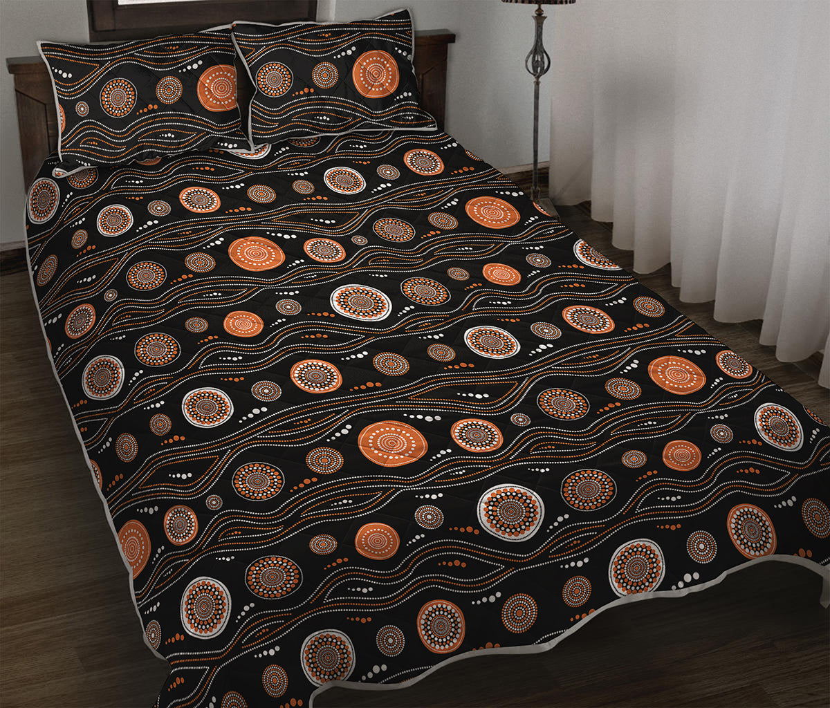 White And Orange Aboriginal Dot Print Quilt Bed Set
