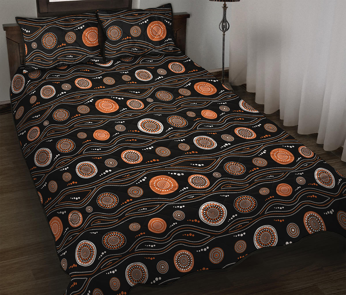 White And Orange Aboriginal Dot Print Quilt Bed Set