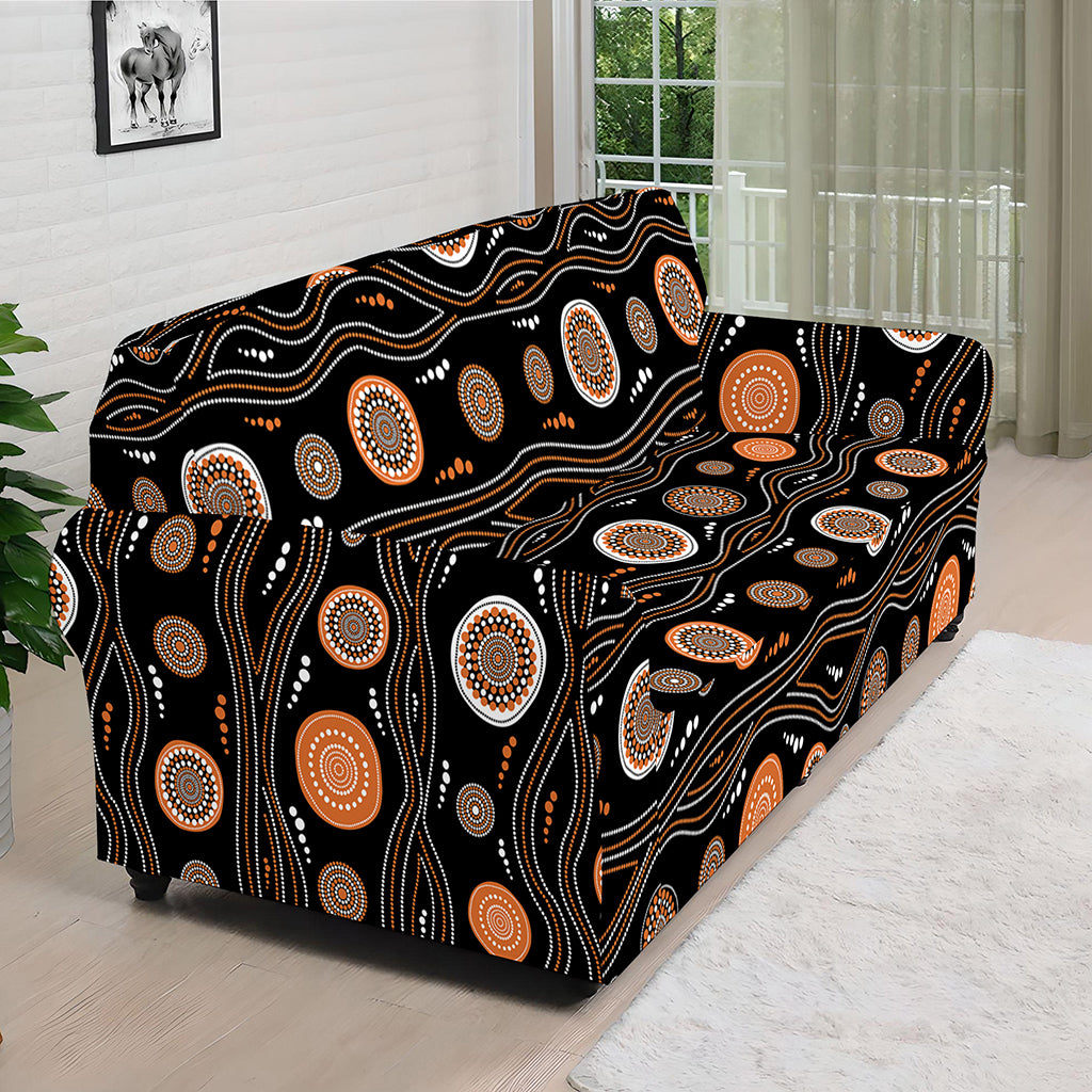 White And Orange Aboriginal Dot Print Sofa Cover