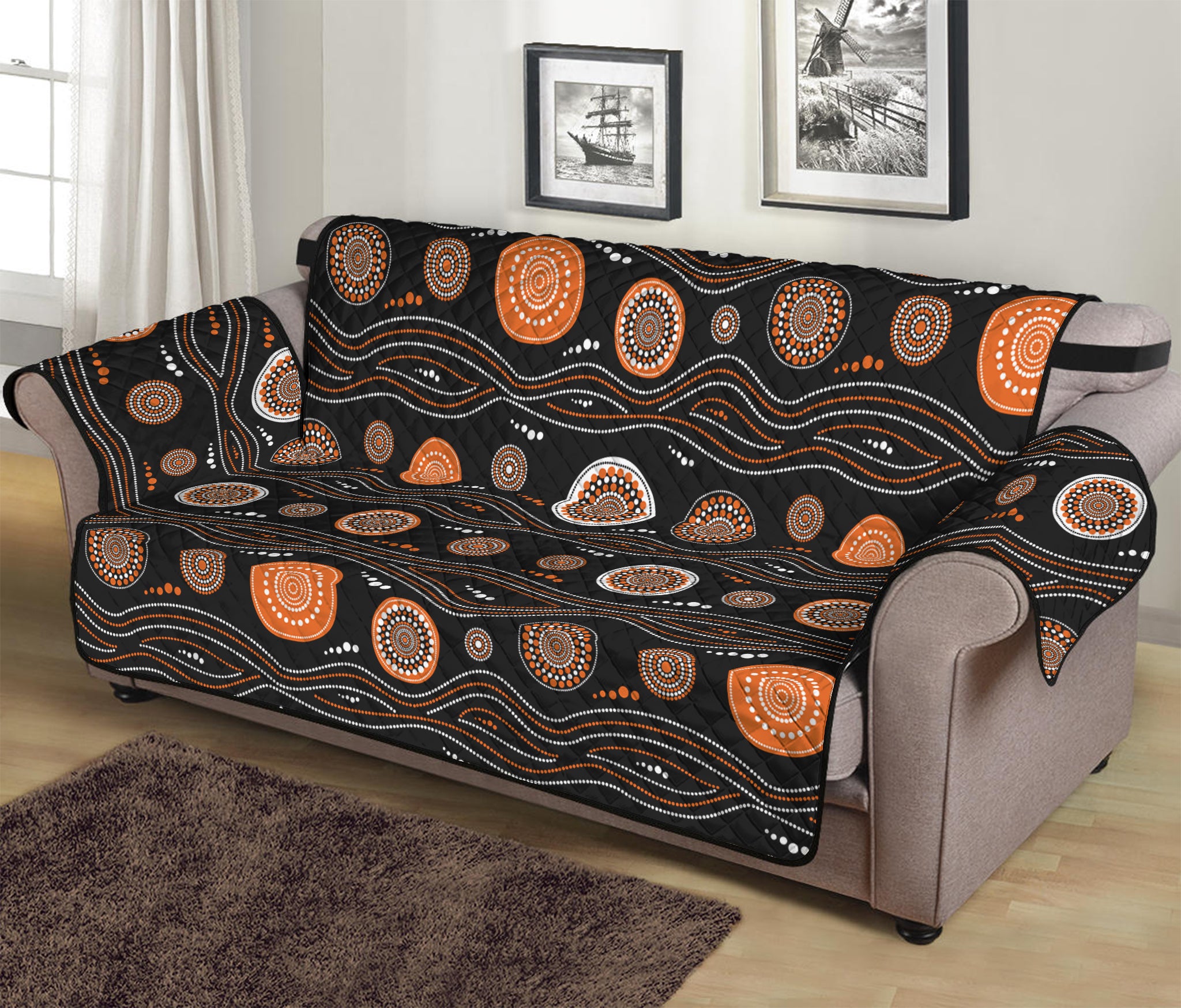 White And Orange Aboriginal Dot Print Sofa Protector