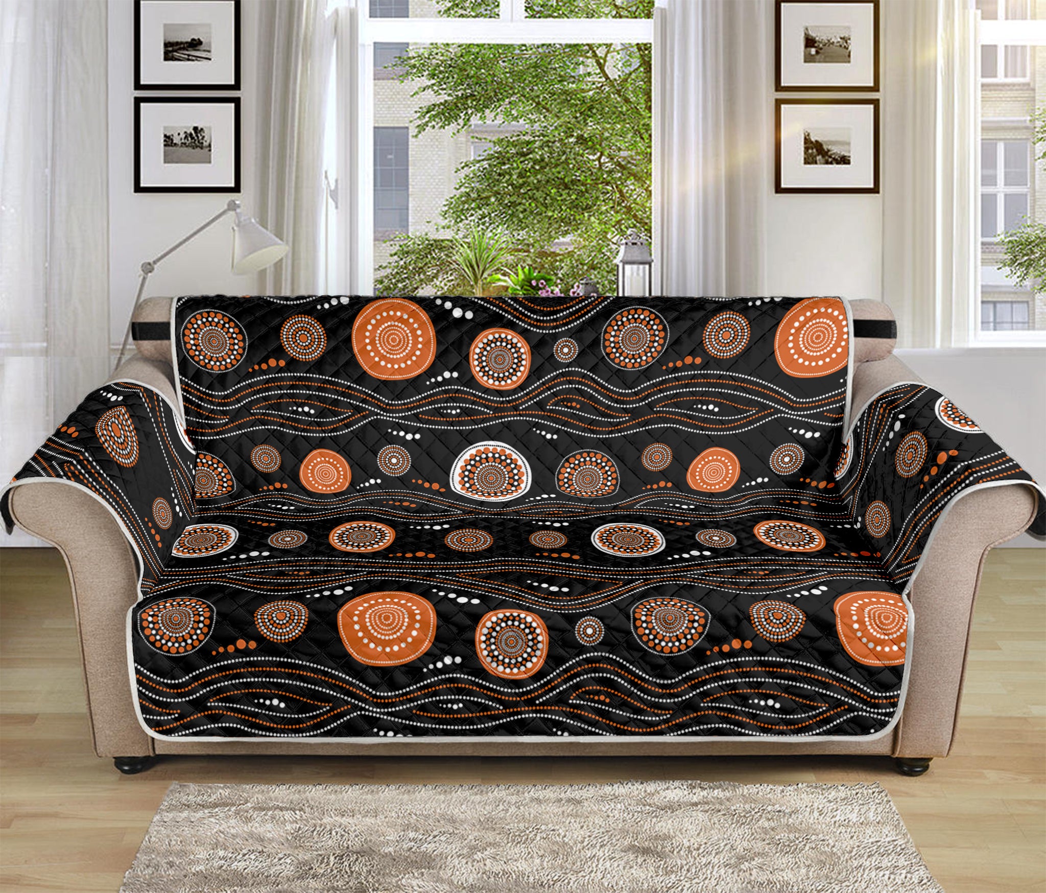 White And Orange Aboriginal Dot Print Sofa Protector