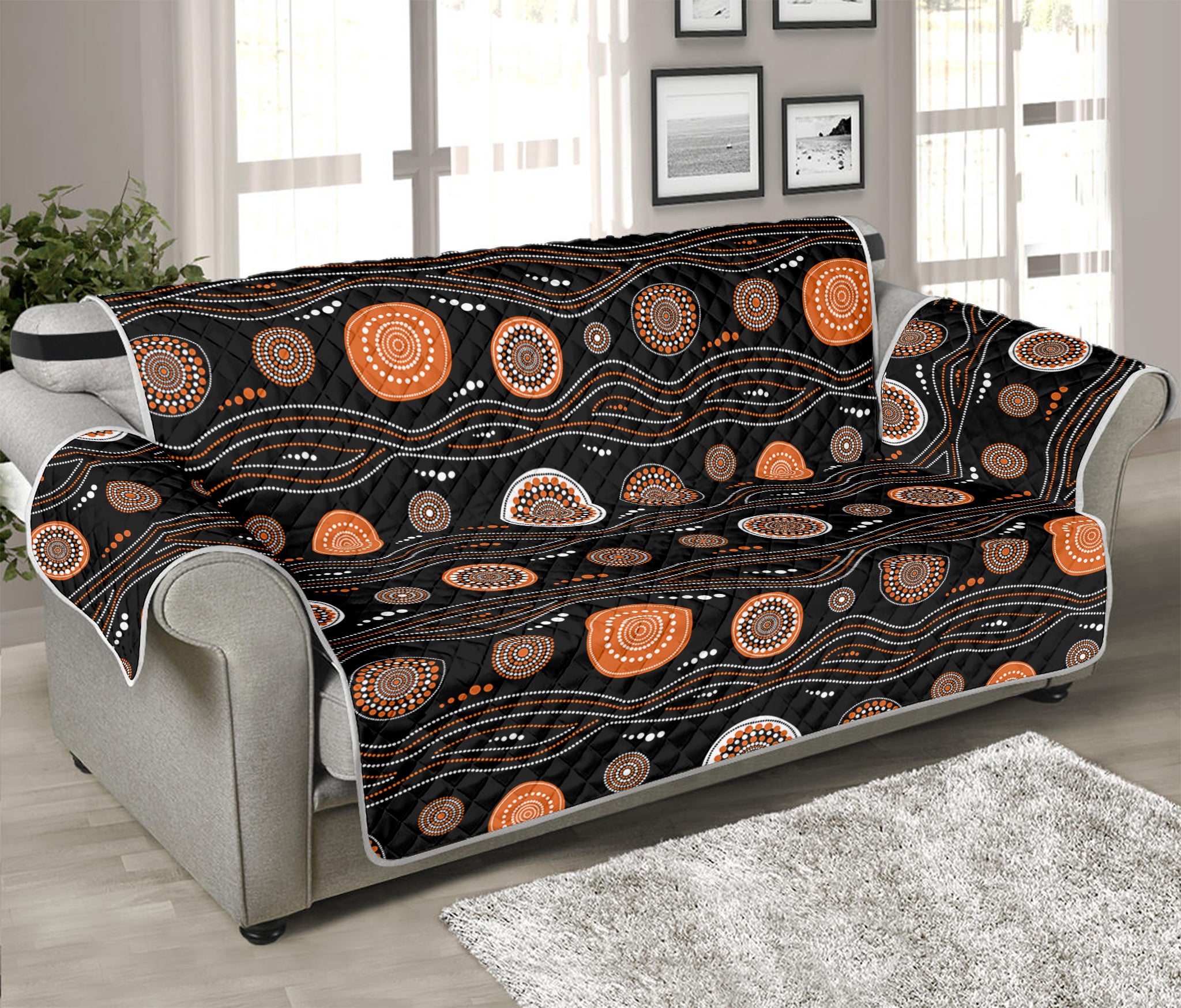 White And Orange Aboriginal Dot Print Sofa Protector